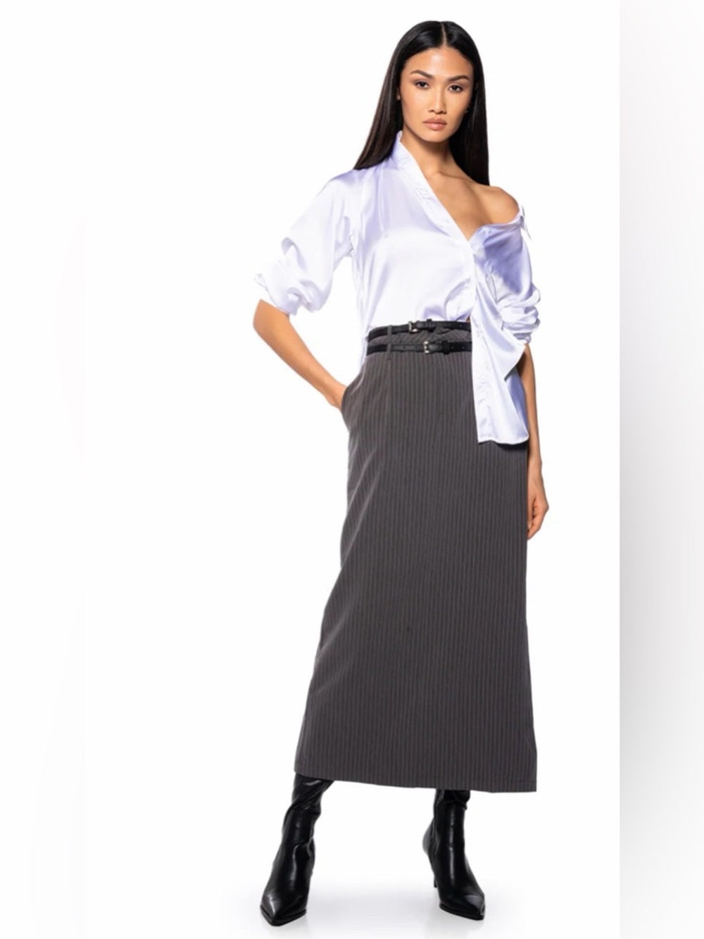 ✨A328. Double Belt High-Waist Charcoal Pinstripe Maxi Skirt