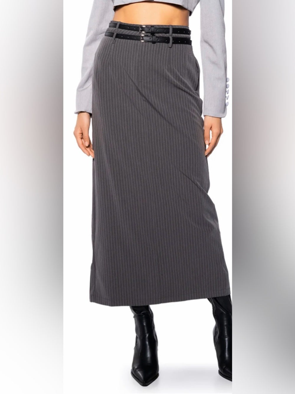 ✨A328. Double Belt High-Waist Charcoal Pinstripe Maxi Skirt