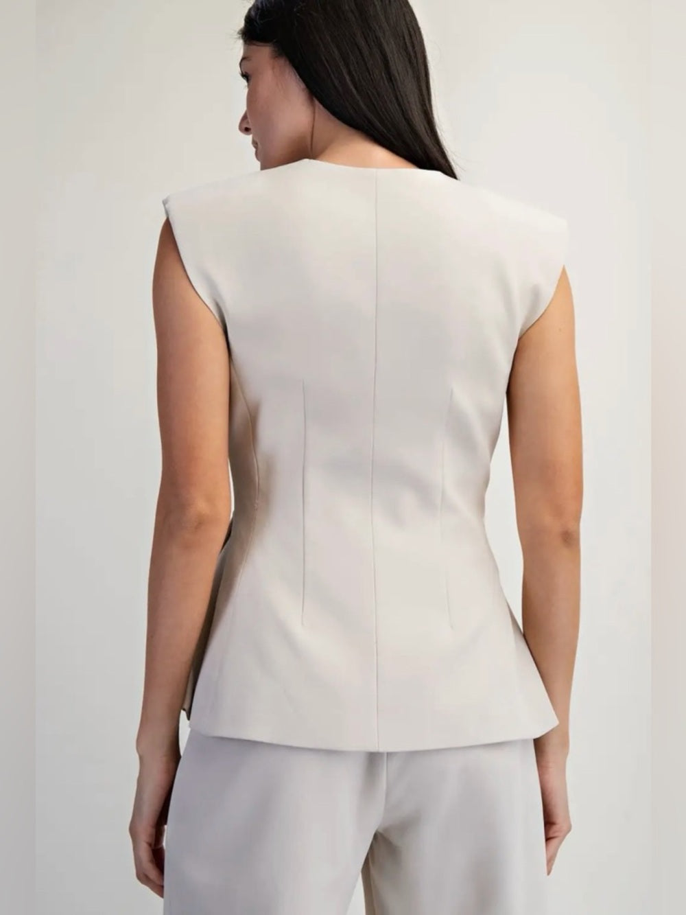 A340. Sleeveless Ivory Peplum Blazer & Wide-Leg Pants Set
