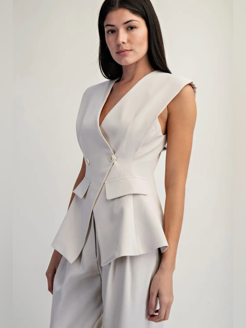 A340. Sleeveless Ivory Peplum Blazer & Wide-Leg Pants Set