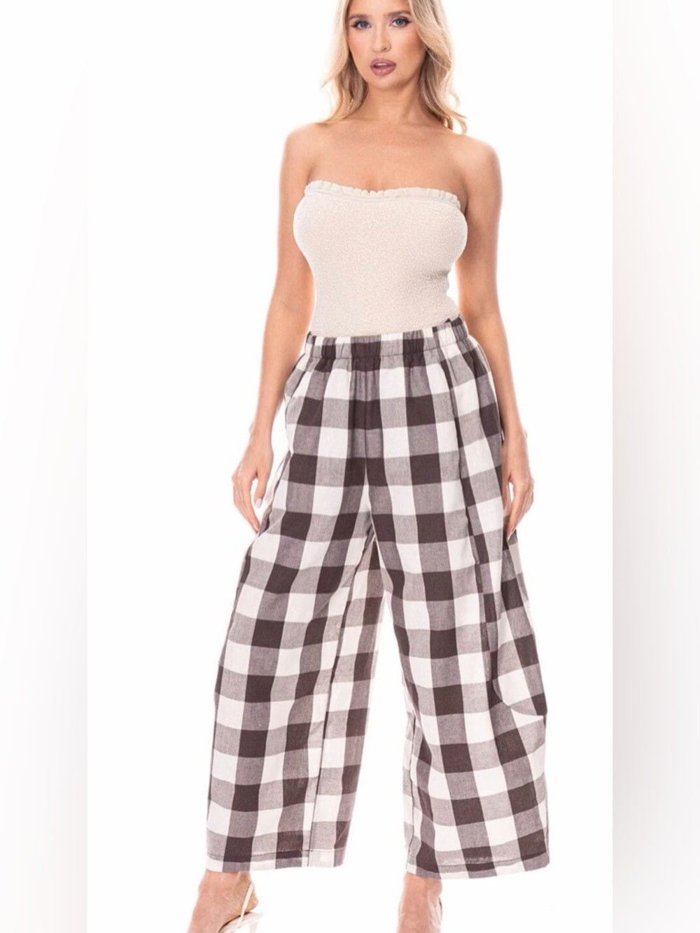 ✨A330. Wide Leg Barrel Plaid Lounge Pants - Brown & Cream