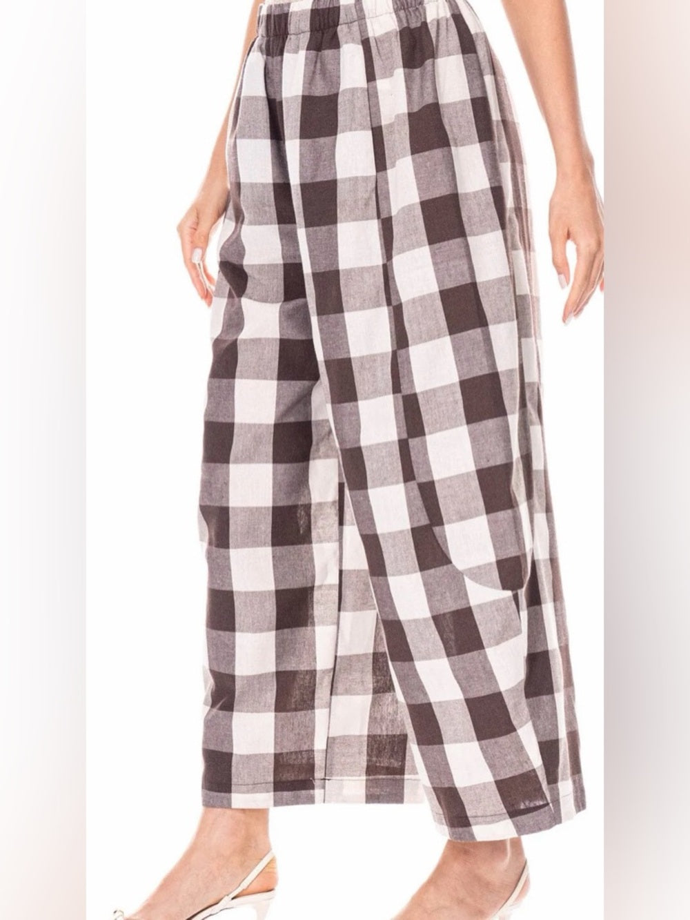✨A330. Wide Leg Barrel Plaid Lounge Pants - Brown & Cream