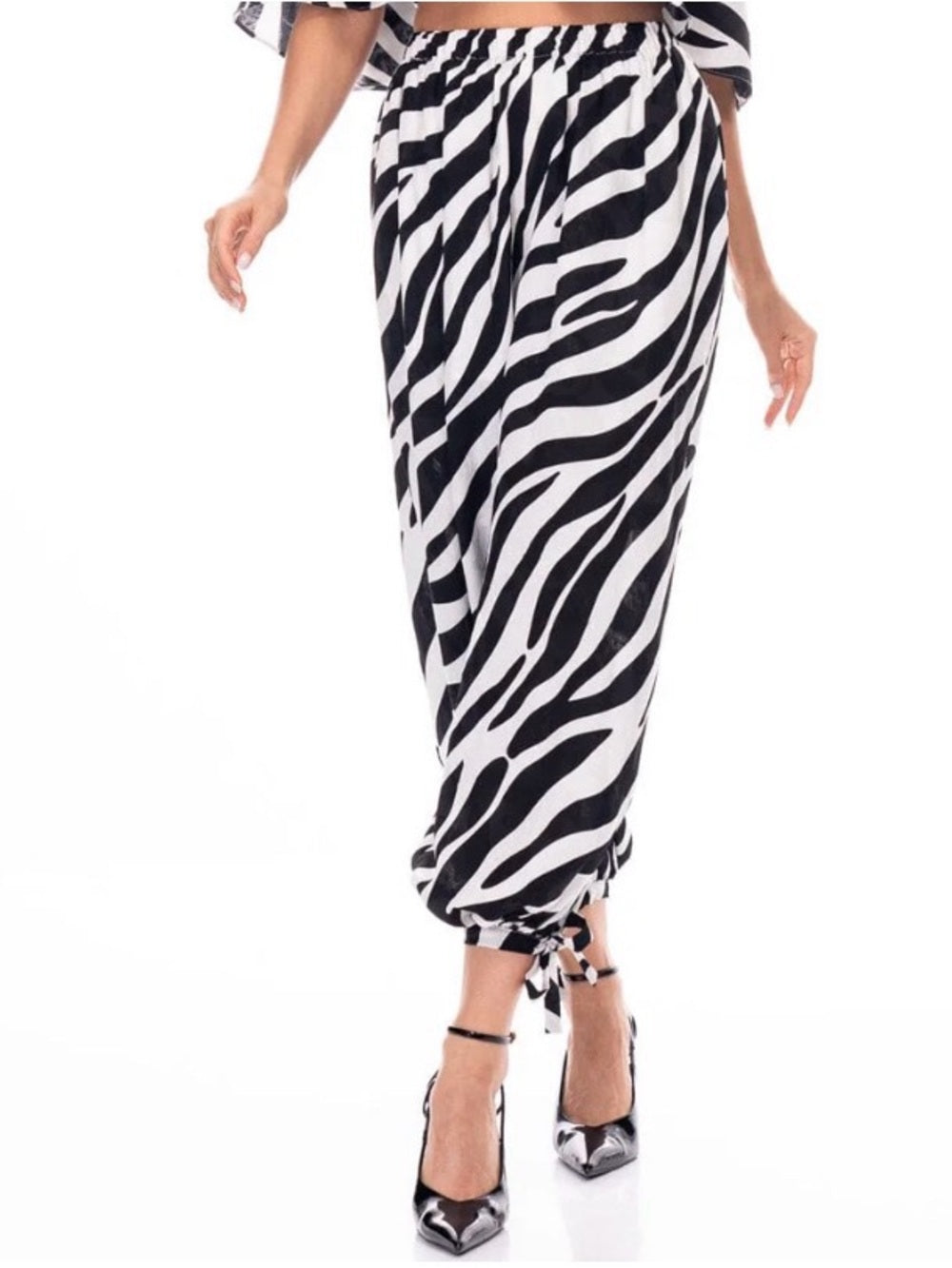 ✨A331. Zebra Print Drawstring Harem Balloon Pants - Black & White