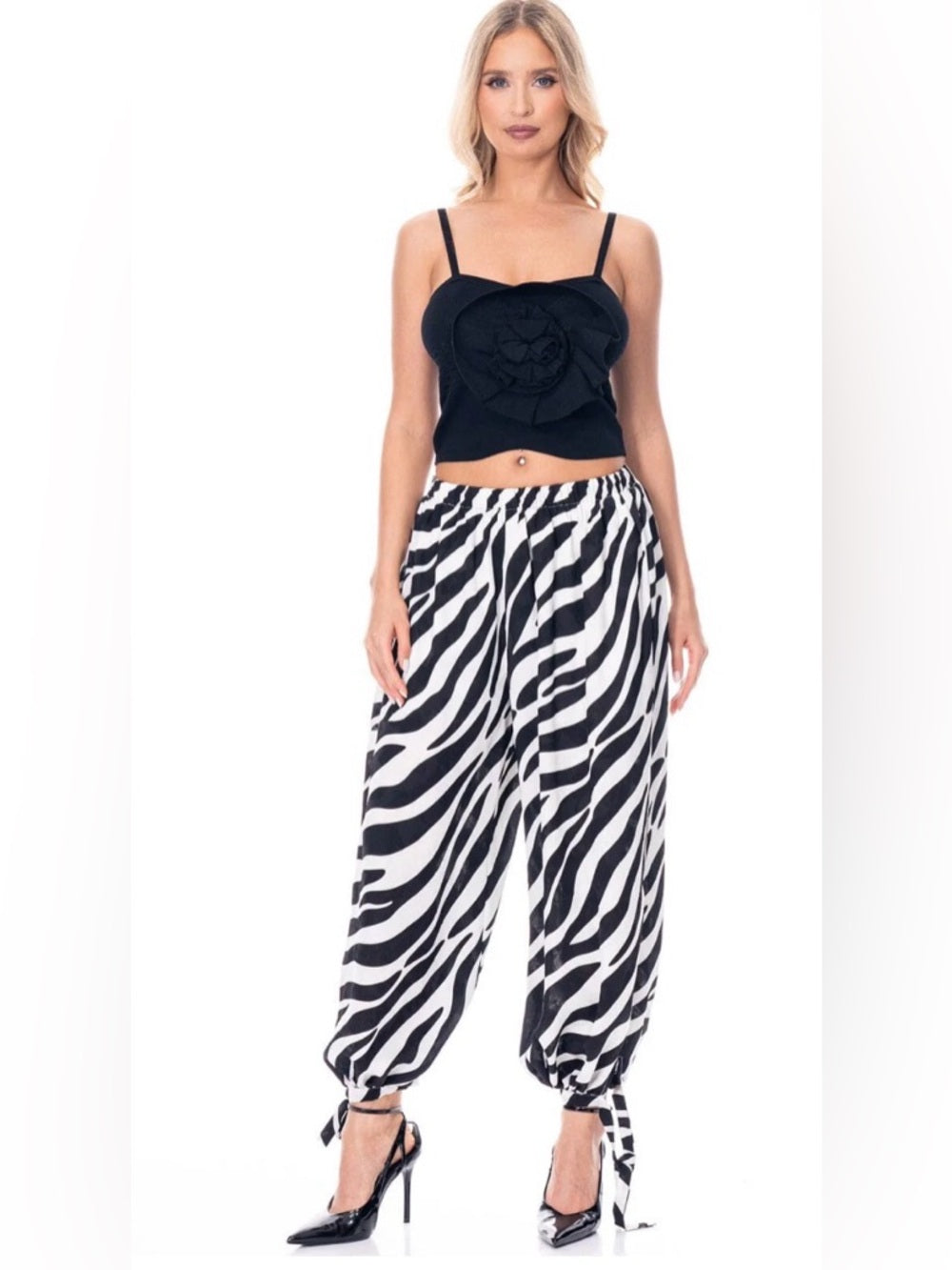 ✨A331. Zebra Print Drawstring Harem Balloon Pants - Black & White