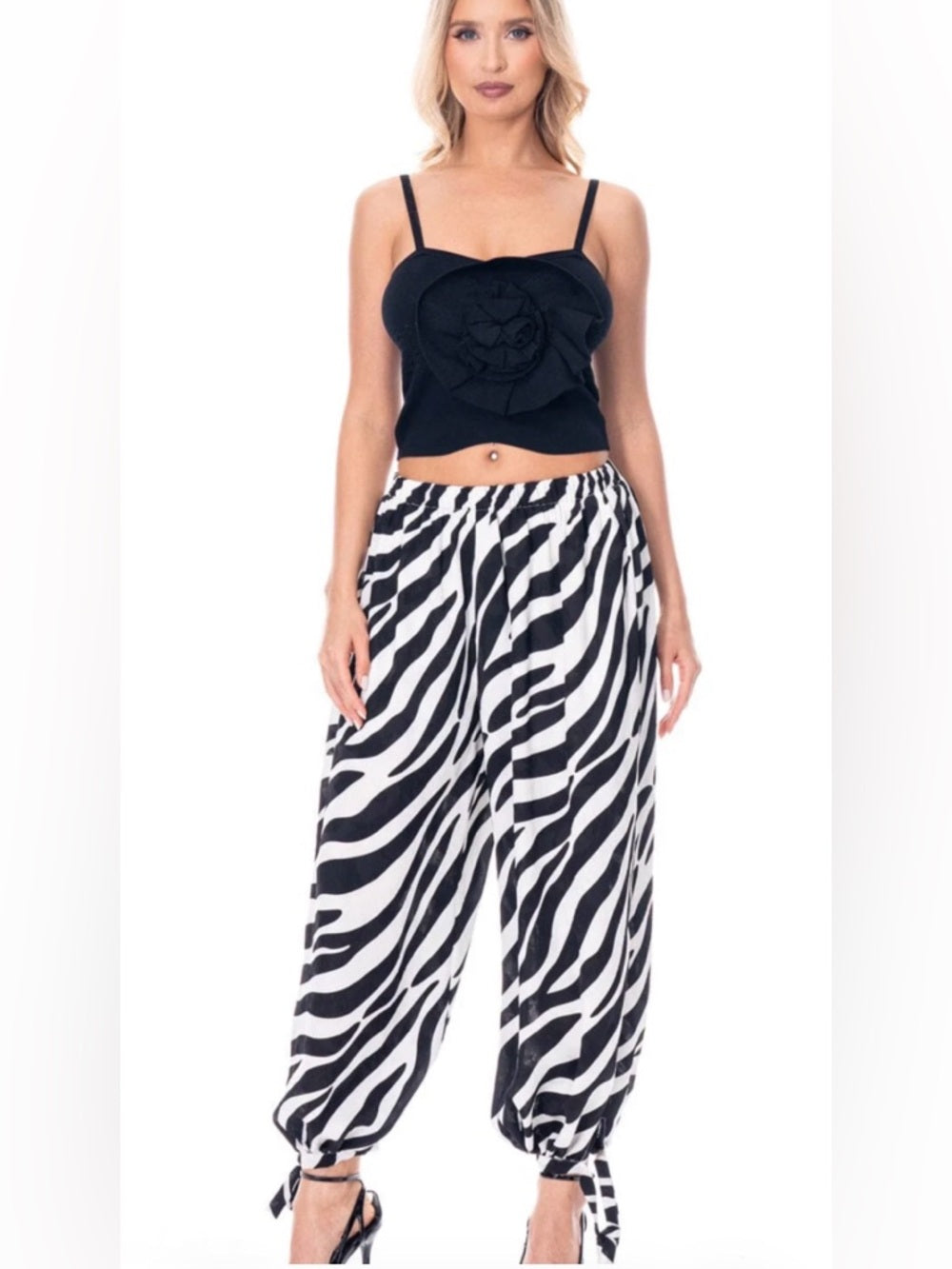 ✨A331. Zebra Print Drawstring Harem Balloon Pants - Black & White