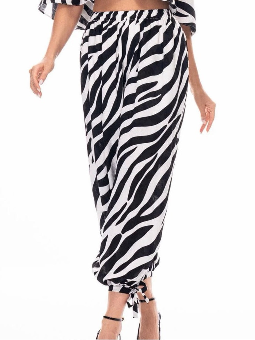 ✨A331. Zebra Print Drawstring Harem Balloon Pants - Black & White