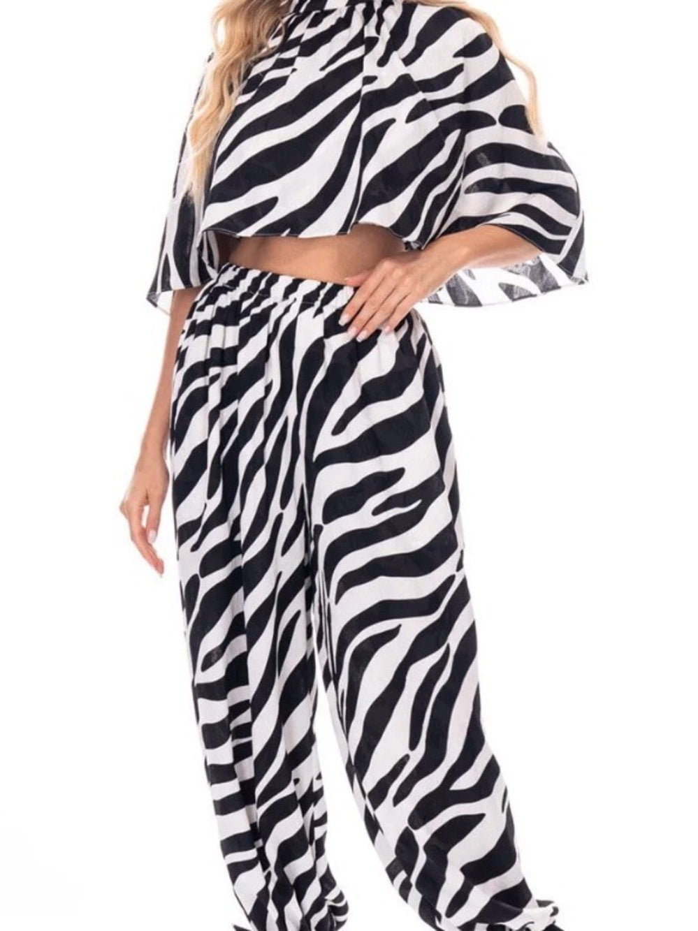 ✨A331. Zebra Print Drawstring Harem Balloon Pants - Black & White