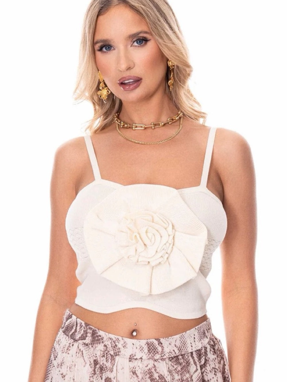 ✨A333. Cream Floral Applique Crop Tank Top