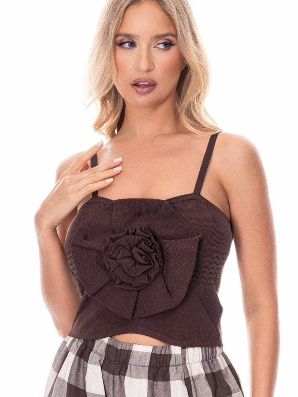 ✨A334.Brown Floral Applique Knit Tank Top