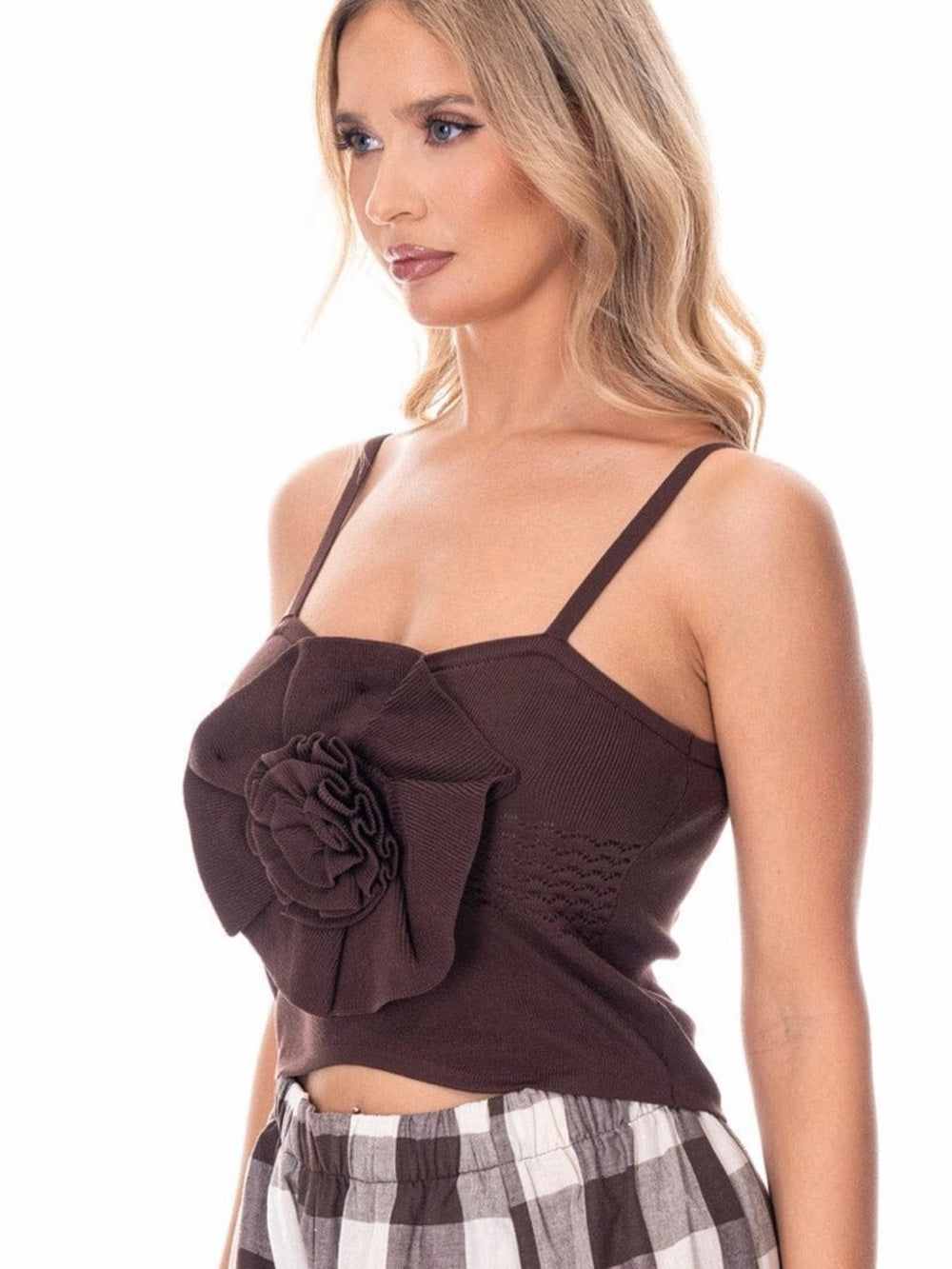 ✨A334.Brown Floral Applique Knit Tank Top