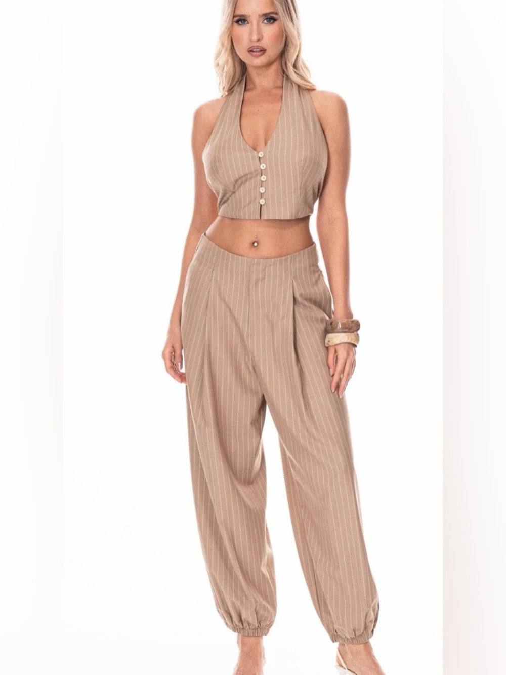 ✨A336. Pinstripe Tan High-Waist Harlem Balloon Pants & Halter Vest Set