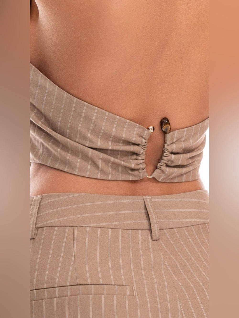 ✨A336. Pinstripe Tan High-Waist Harlem Balloon Pants & Halter Vest Set