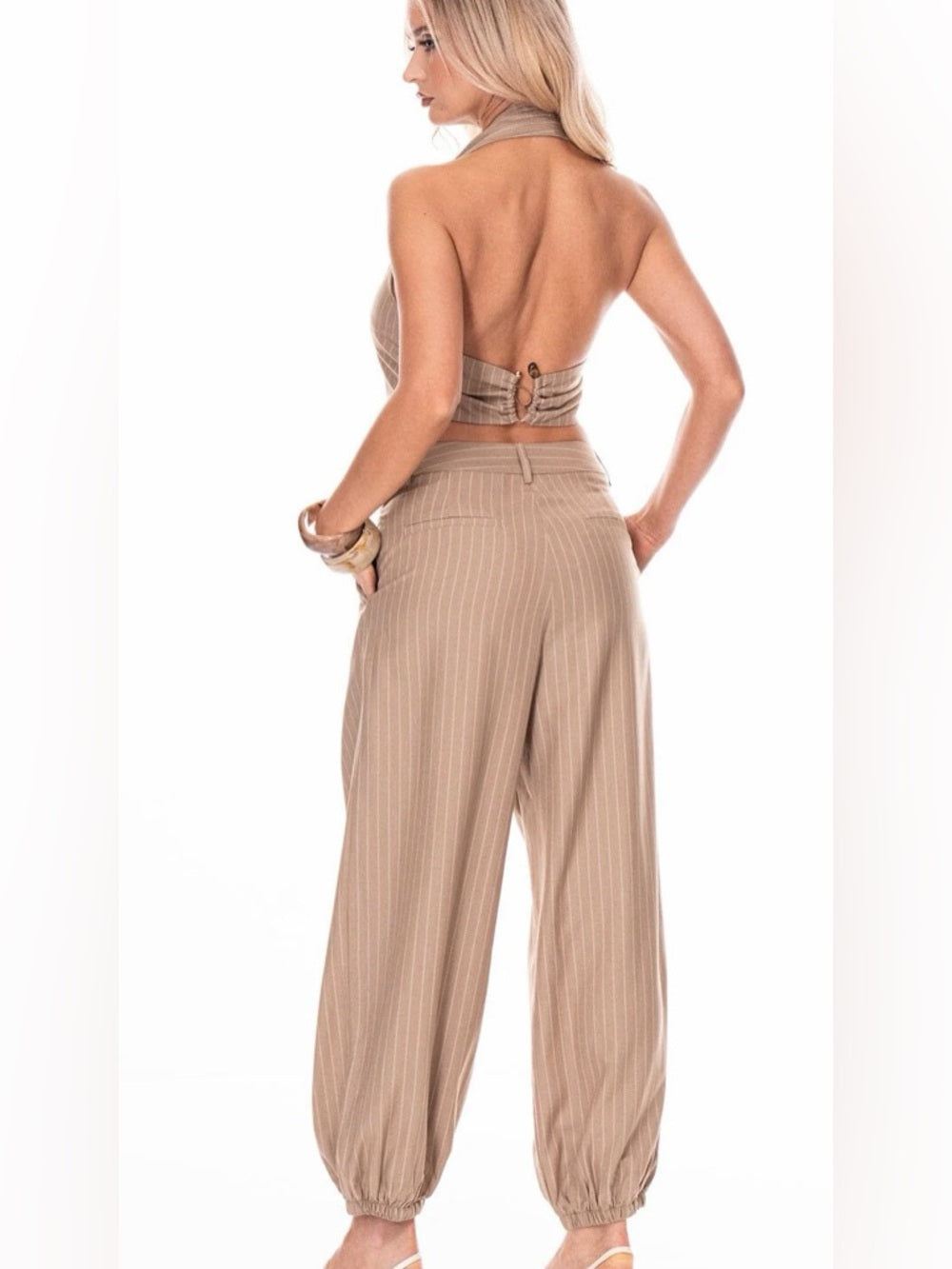 ✨A336. Pinstripe Tan High-Waist Harlem Balloon Pants & Halter Vest Set