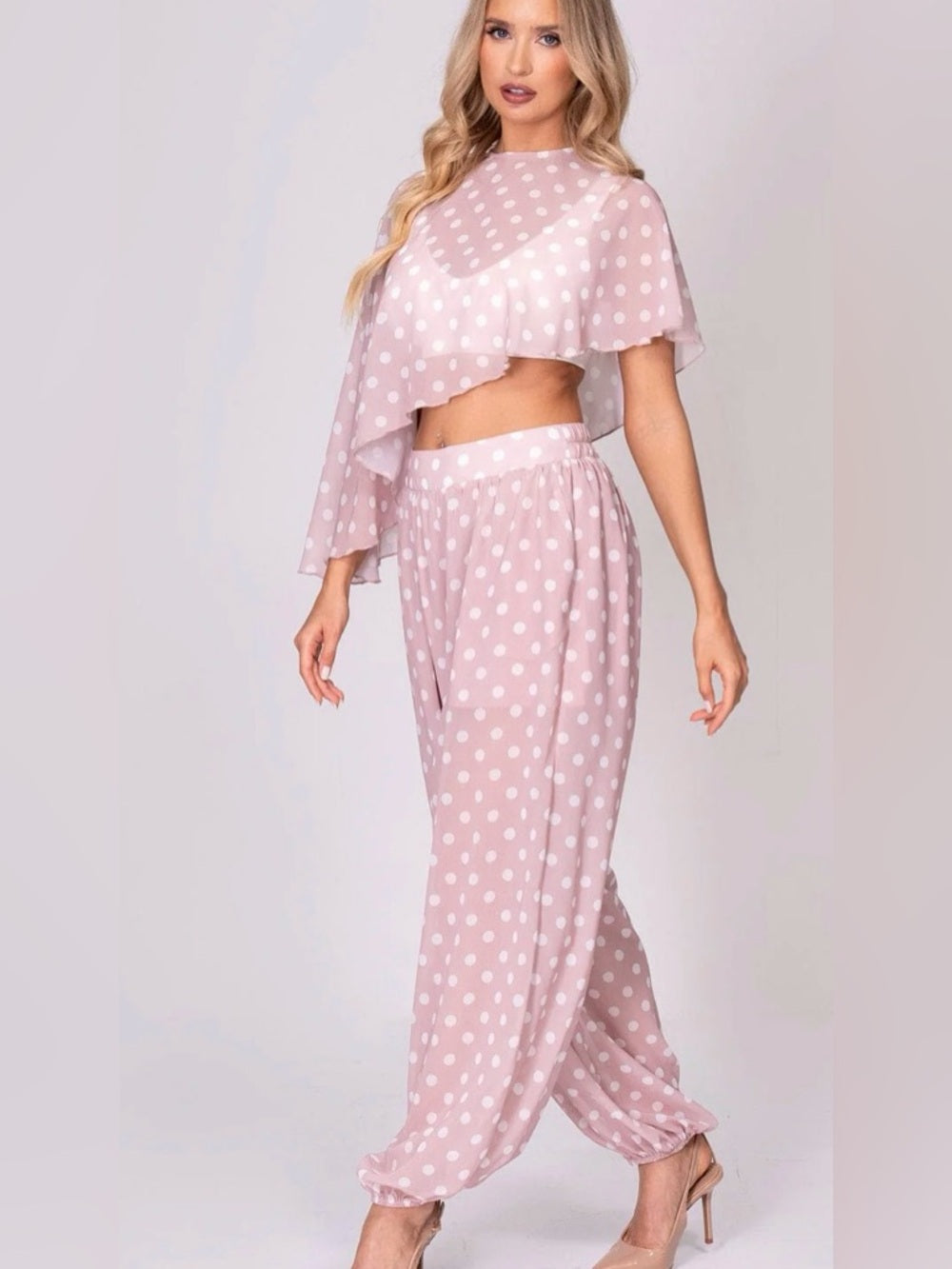 ✨A337. Polka Dot Pink Two-Piece Harlem Balloon Pants and Cape Set