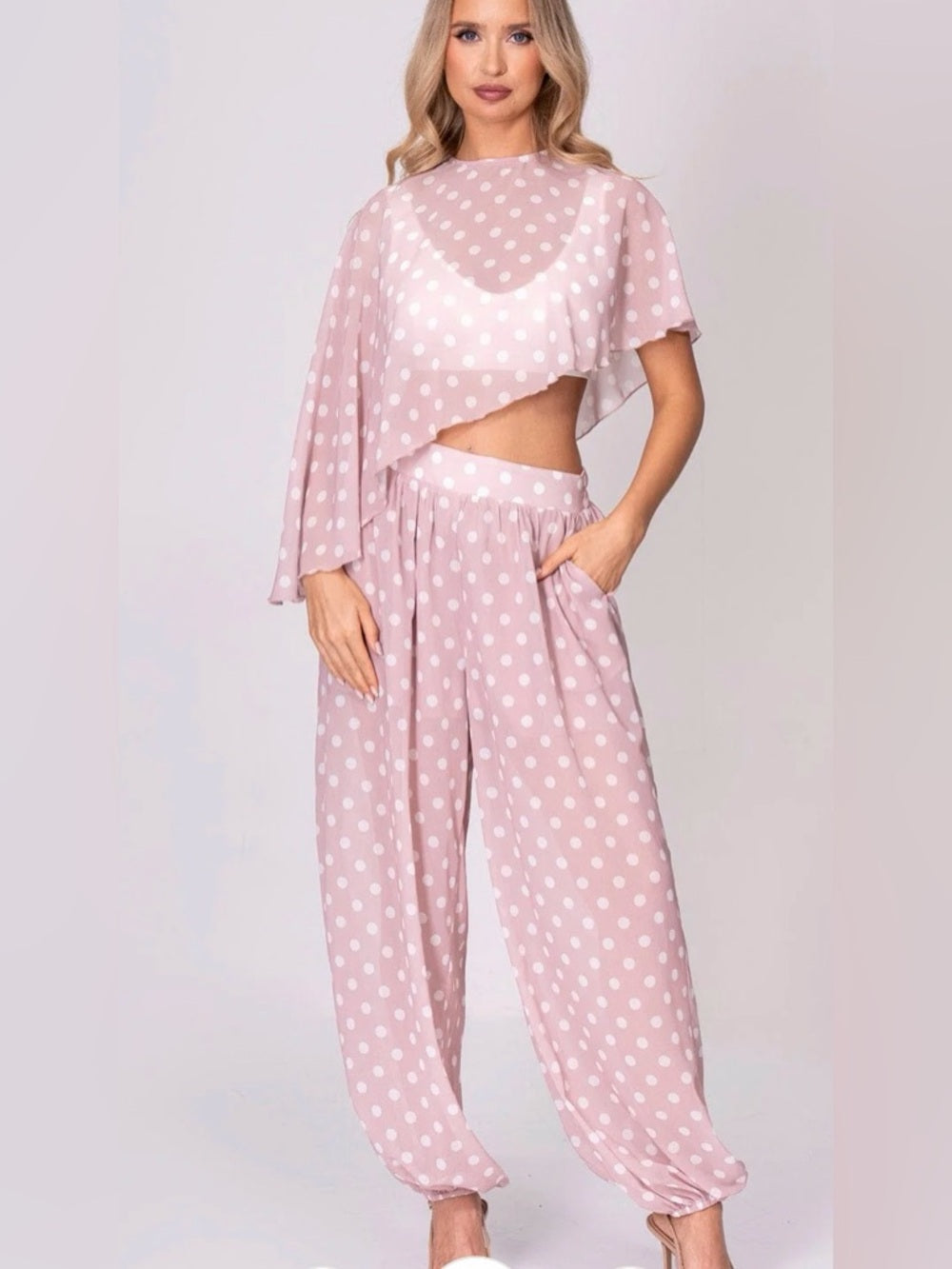 ✨A337. Polka Dot Pink Two-Piece Harlem Balloon Pants and Cape Set