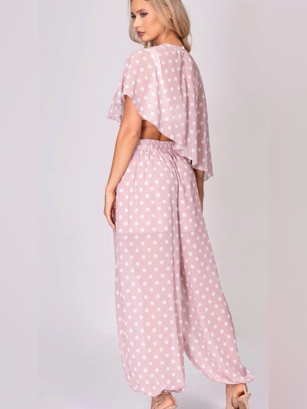 ✨A337. Polka Dot Pink Two-Piece Harlem Balloon Pants and Cape Set