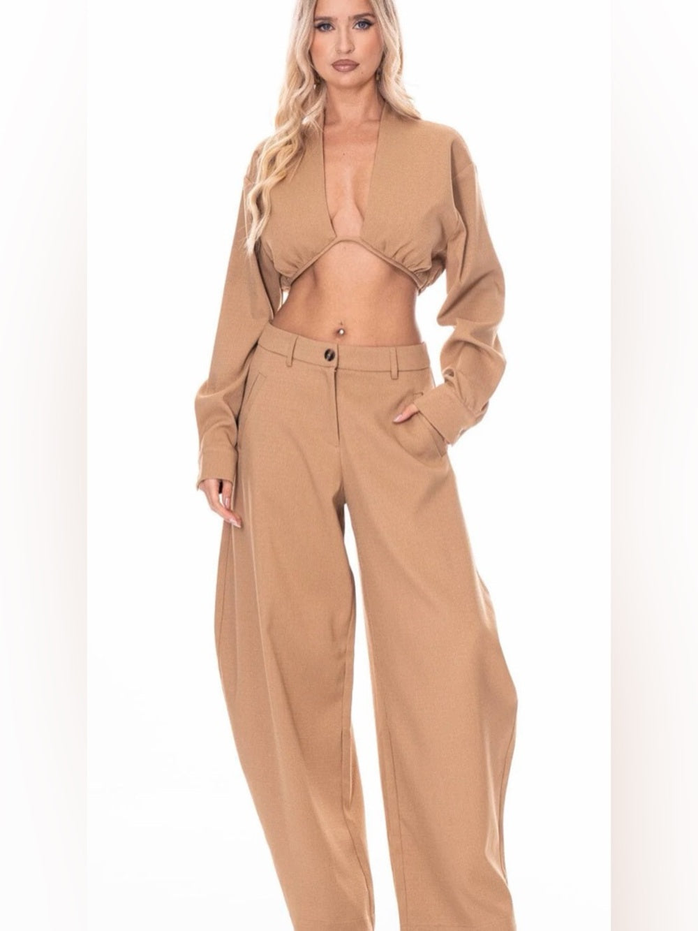 A338. Barrel High-Waist Pants & Long Sleeve Crop Top Set in Camel