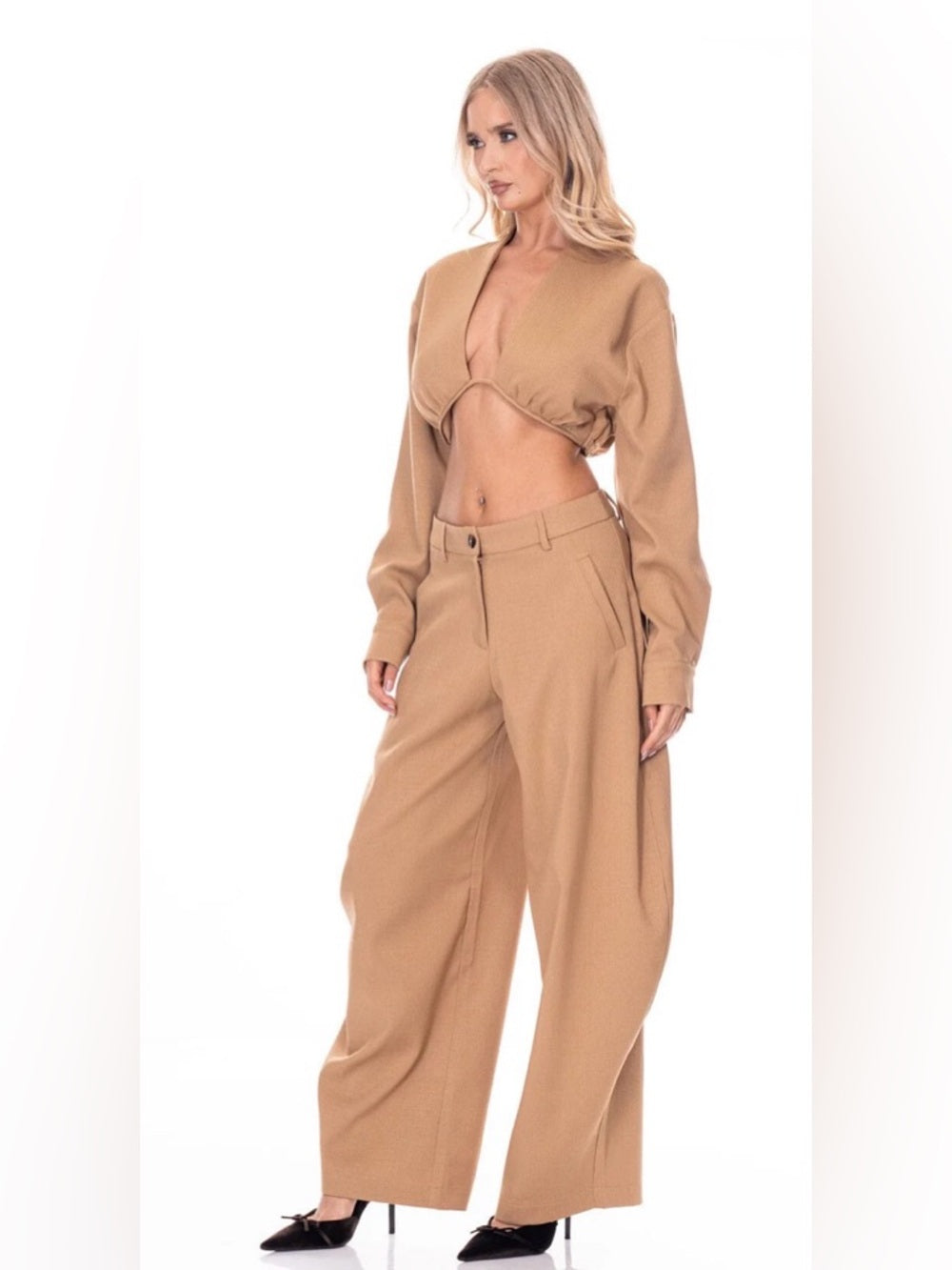 A338. Barrel High-Waist Pants & Long Sleeve Crop Top Set in Camel