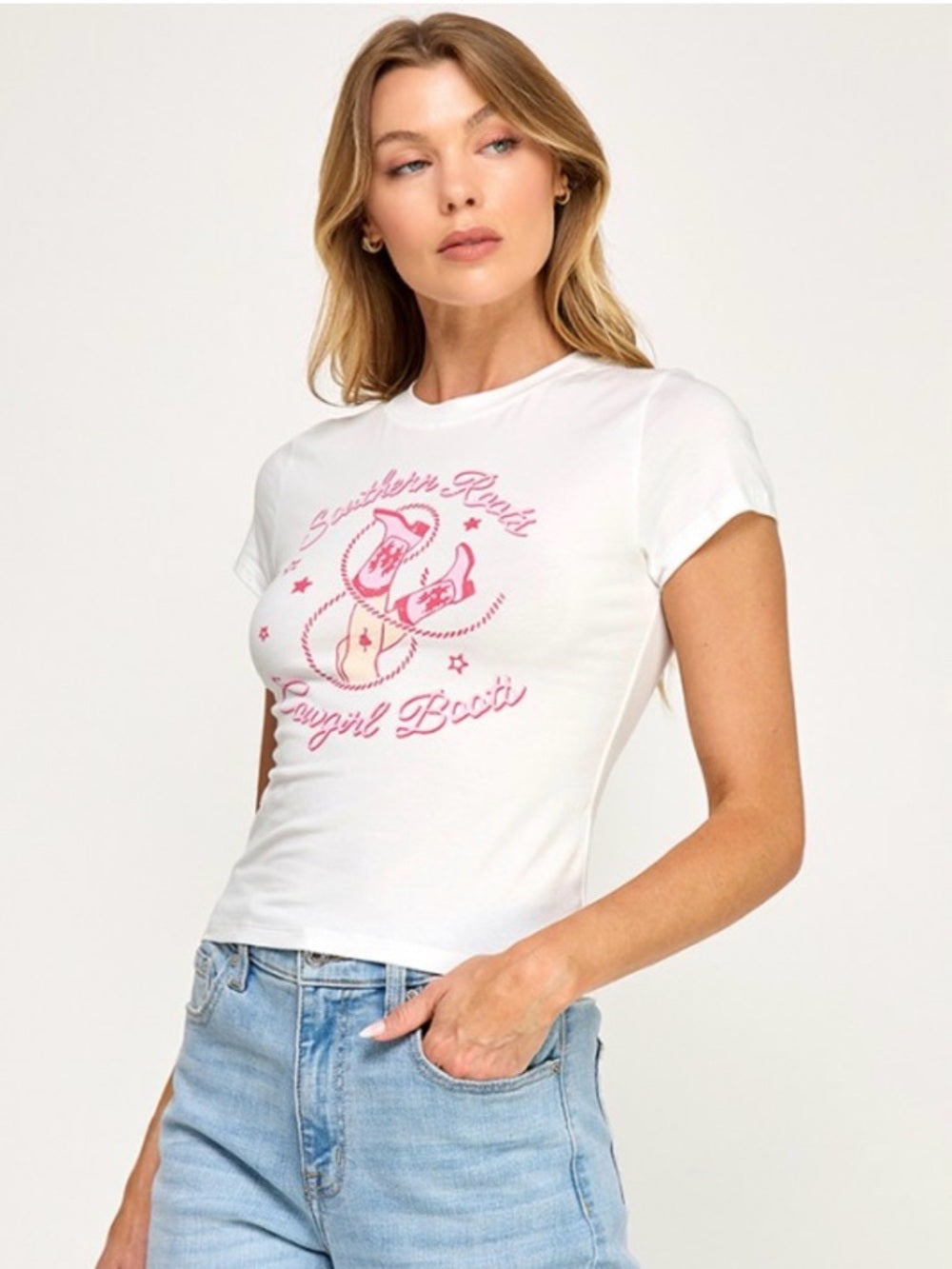 A342. White "Southern Roots Cowgirl Boots" Graphic Baby Tee