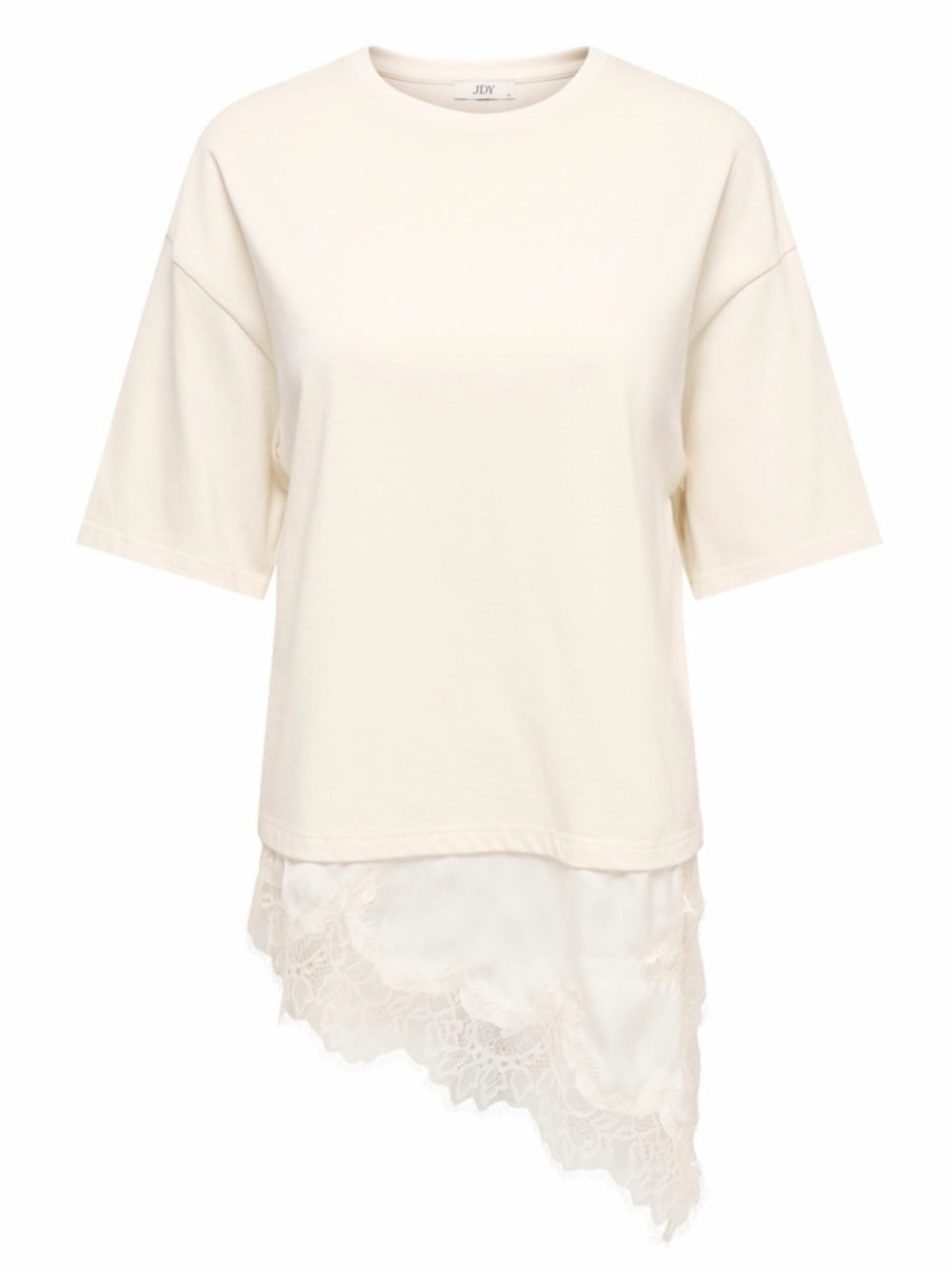 A347. Cream Asymmetrical Lace-Hem Short Sleeve Oversized T-Shirt