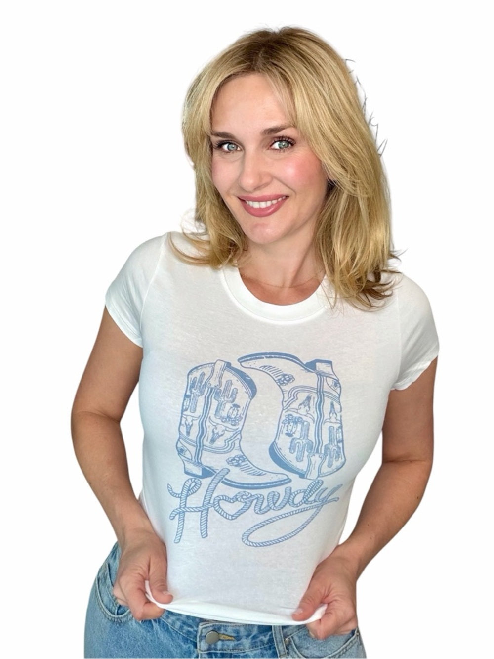 A348. White “Howdy” Cowgirl Boots Baby Graphic Short-Sleeve Tee