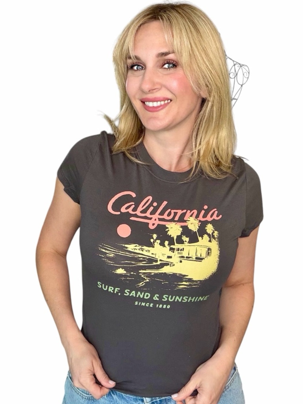A353: California Graphic Tee - Black with Yellow & Pink Print