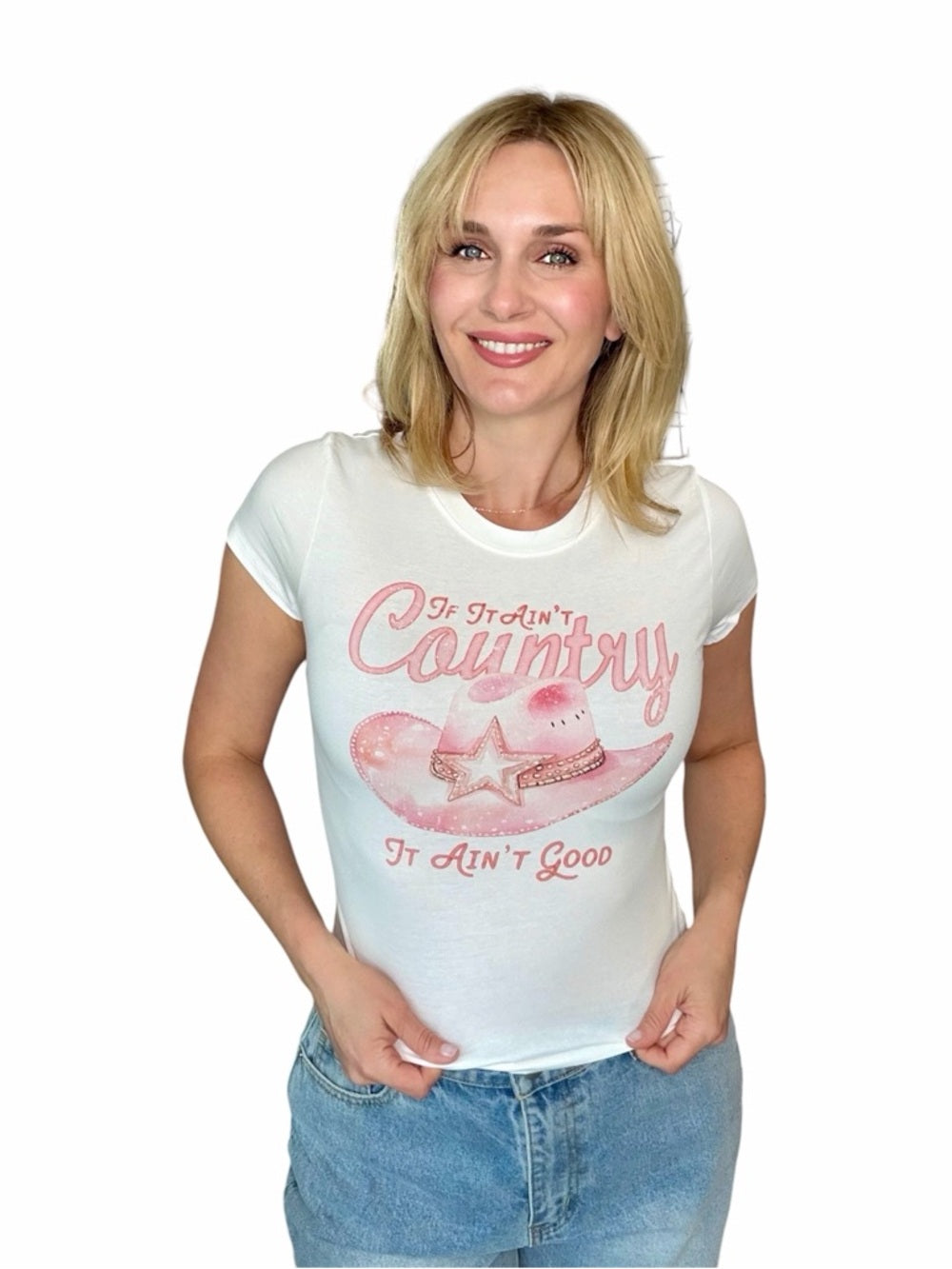 A354. “If it ain’t country, it ain’t good”Graphic Tee - White with Pink Print