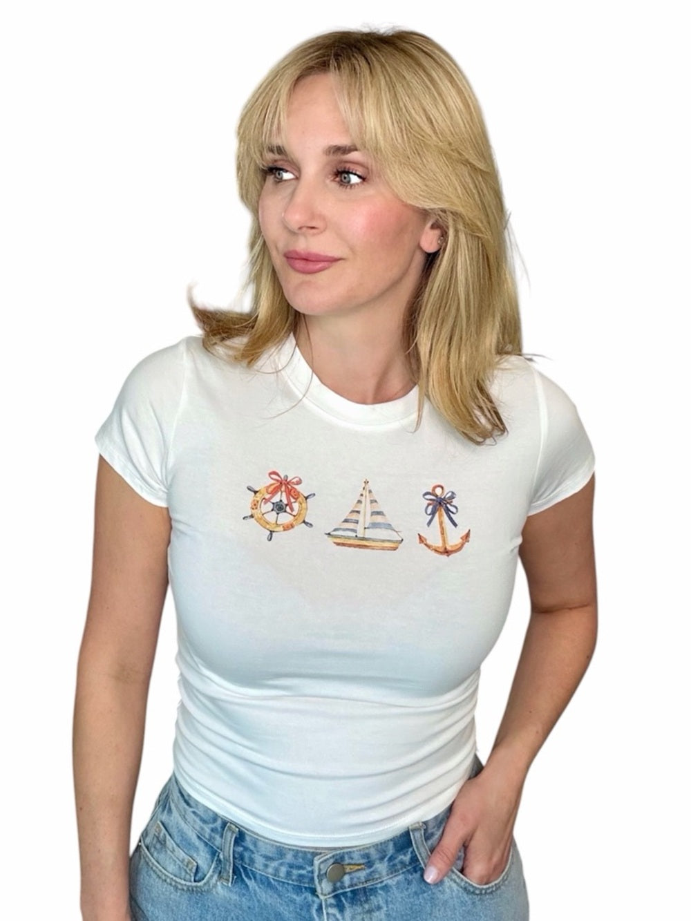 A355. White Nautical Graphic Slim Fit Women's Baby Tee
