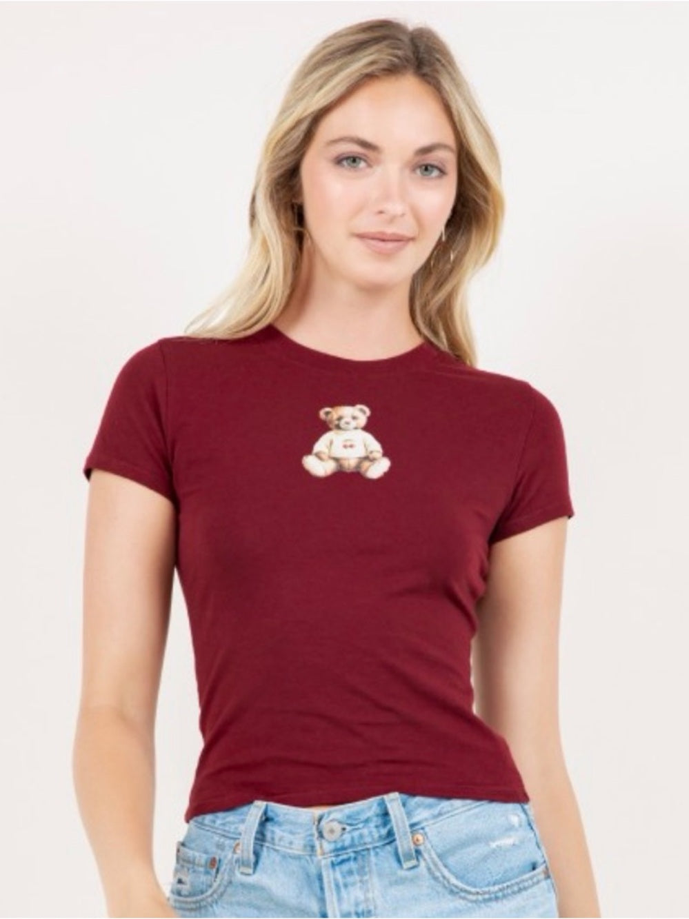 A356. Women’s Short Sleeve Teddy Graphic Baby Tee - Burgundy