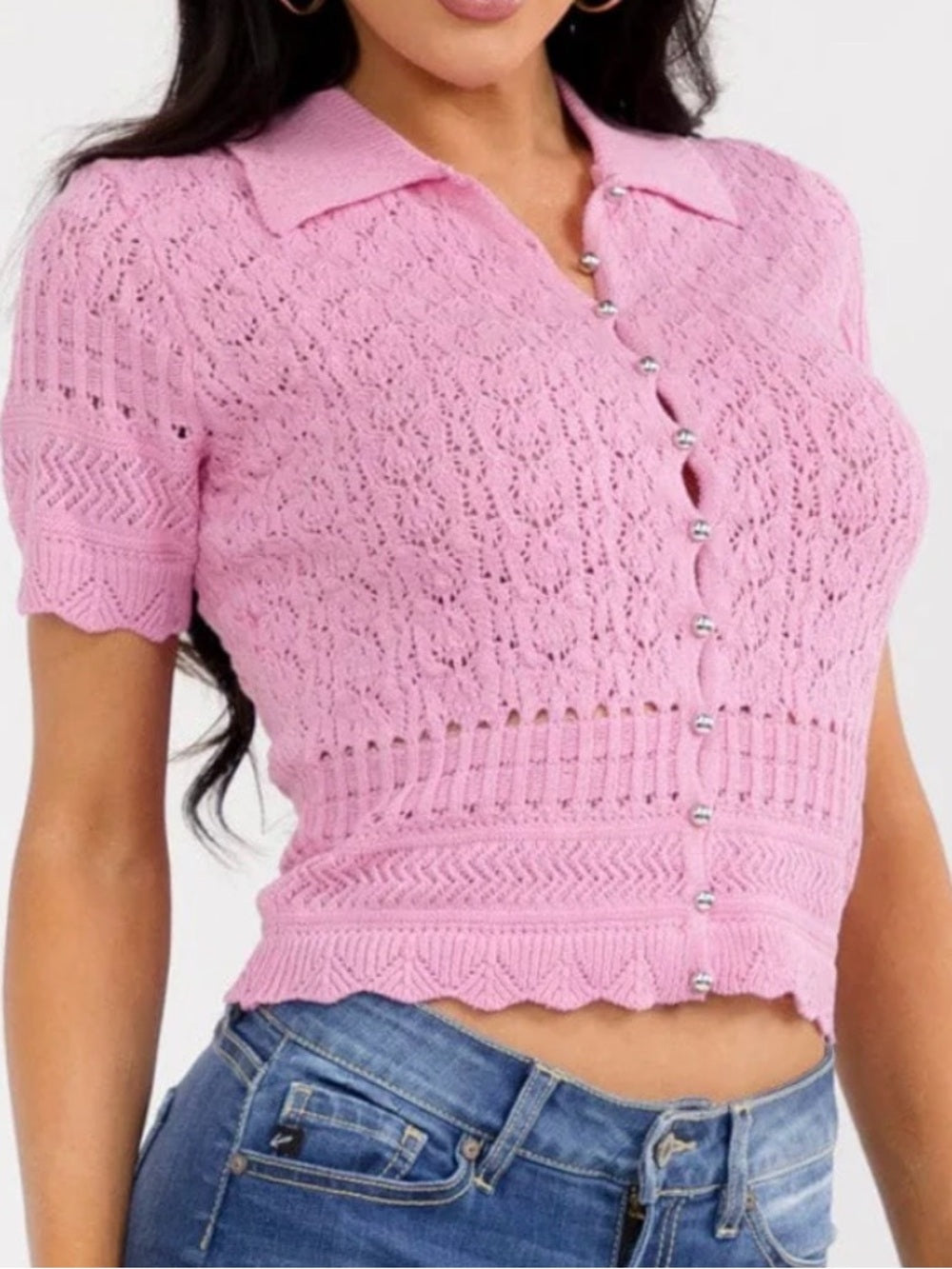 A357. Pink Knit Lace Button-Up Collared Crop Top