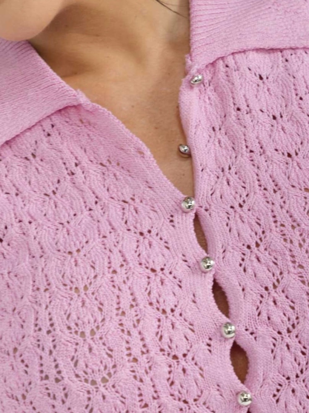 A357. Pink Knit Lace Button-Up Collared Crop Top