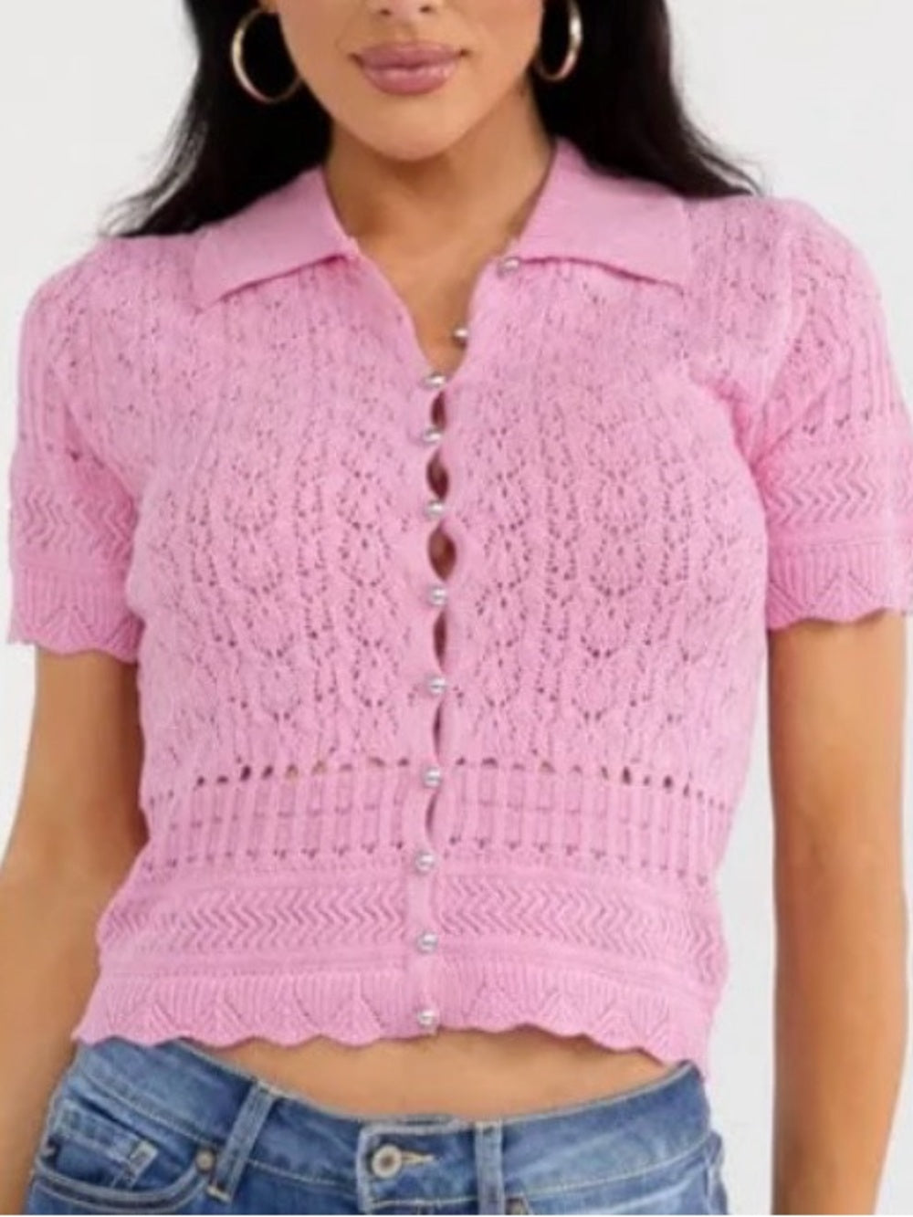 A357. Pink Knit Lace Button-Up Collared Crop Top