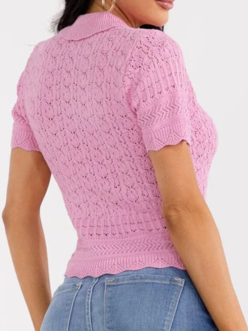A357. Pink Knit Lace Button-Up Collared Crop Top