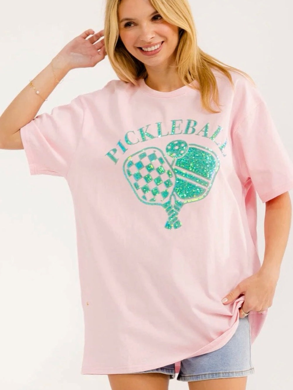 A359. Pink Pickleball Oversized Graphic Tee with Green Glitter Logo