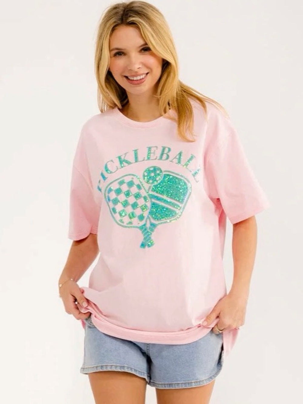 A359. Pink Pickleball Oversized Graphic Tee with Green Glitter Logo