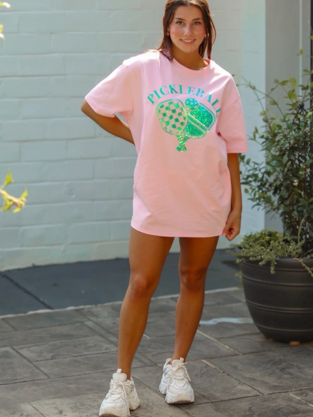A359. Pink Pickleball Oversized Graphic Tee with Green Glitter Logo