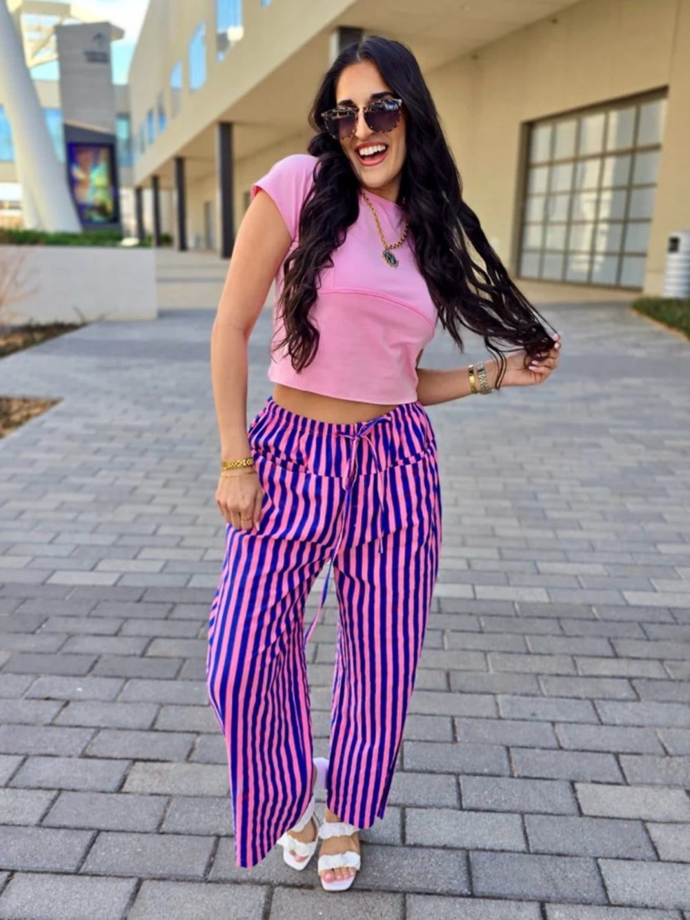 A360. Vertical Striped Pink & Blue Wide-Leg Pants - Women's Casual
