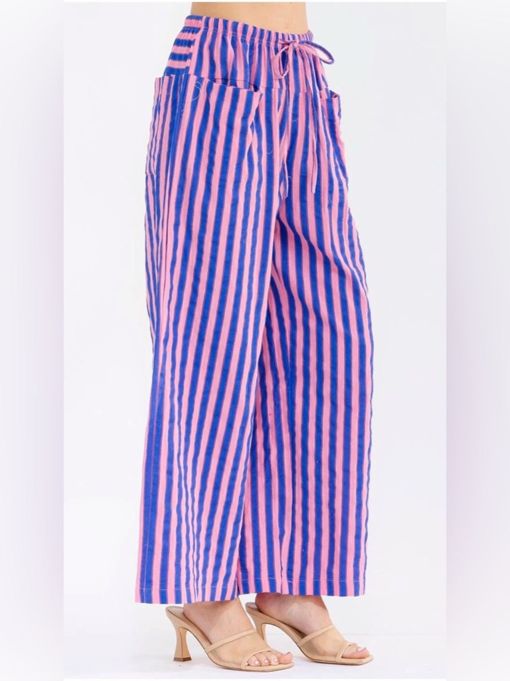 A360. Vertical Striped Pink & Blue Wide-Leg Pants - Women's Casual