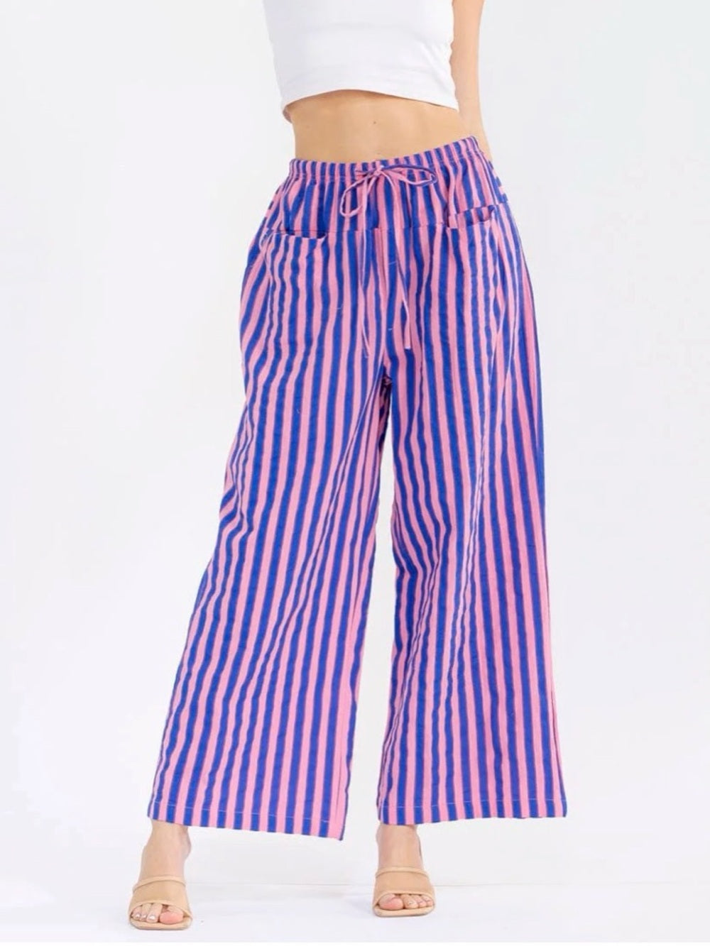 A360. Vertical Striped Pink & Blue Wide-Leg Pants - Women's Casual