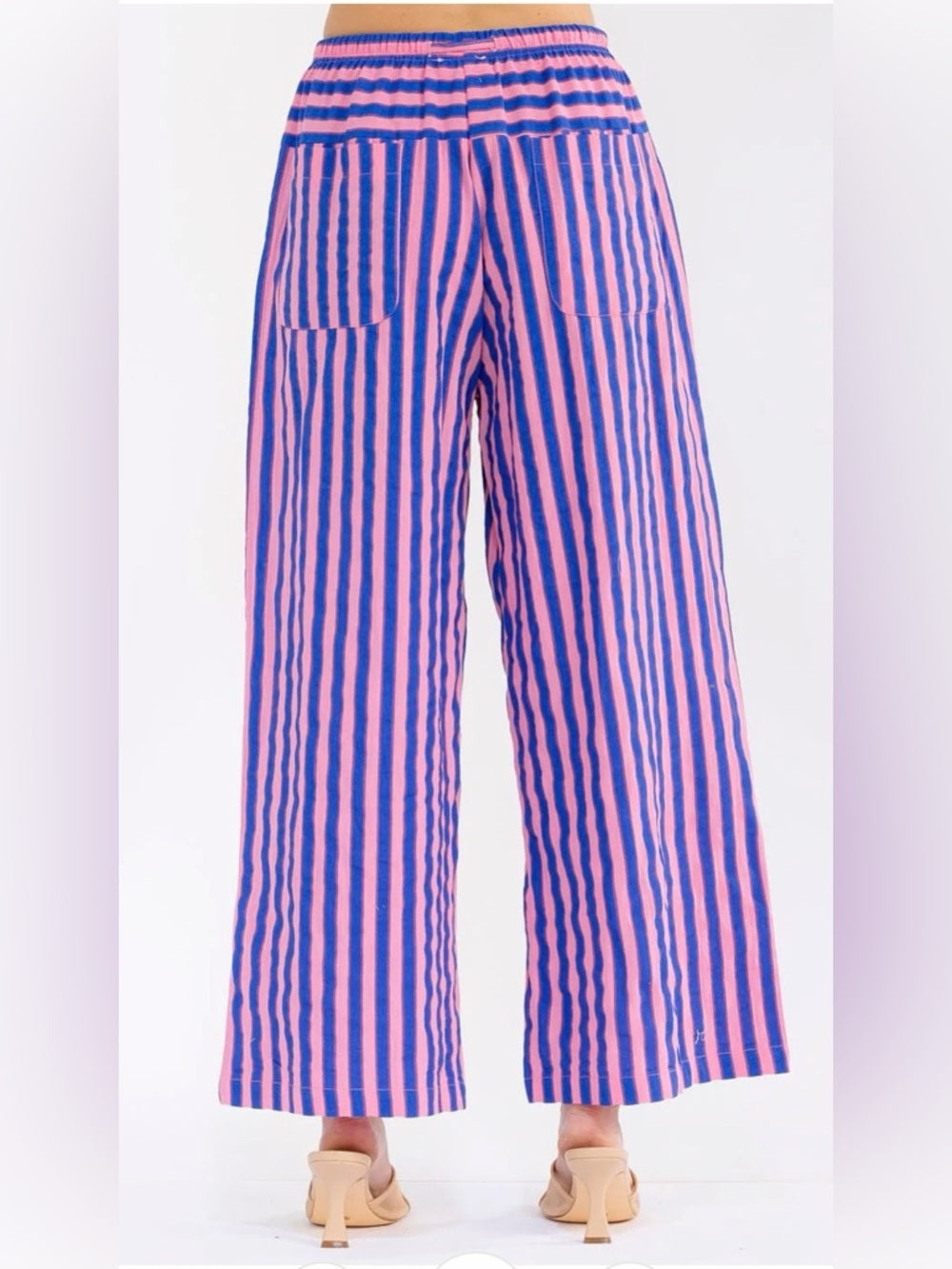 A360. Vertical Striped Pink & Blue Wide-Leg Pants - Women's Casual