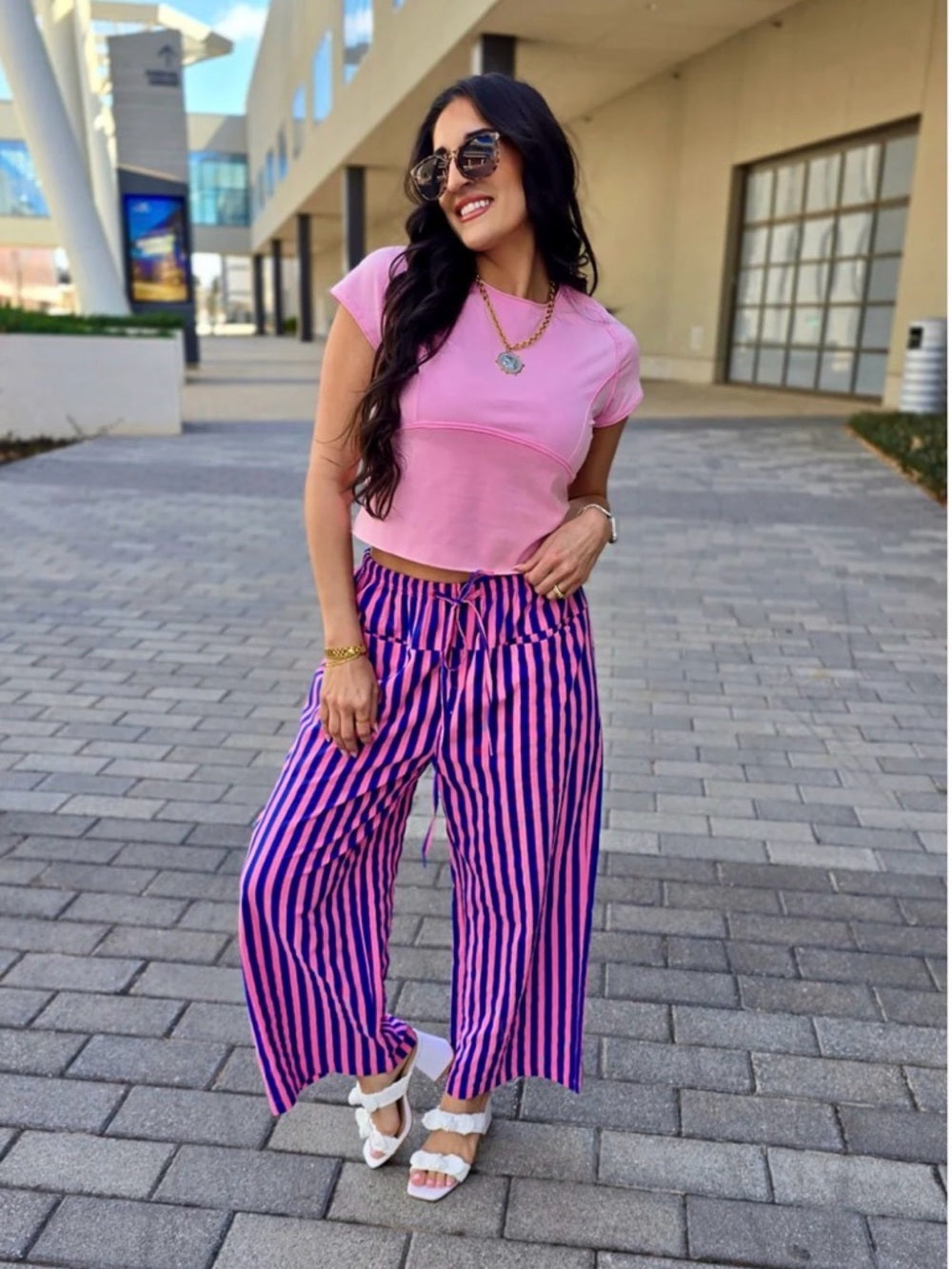 A360. Vertical Striped Pink & Blue Wide-Leg Pants - Women's Casual