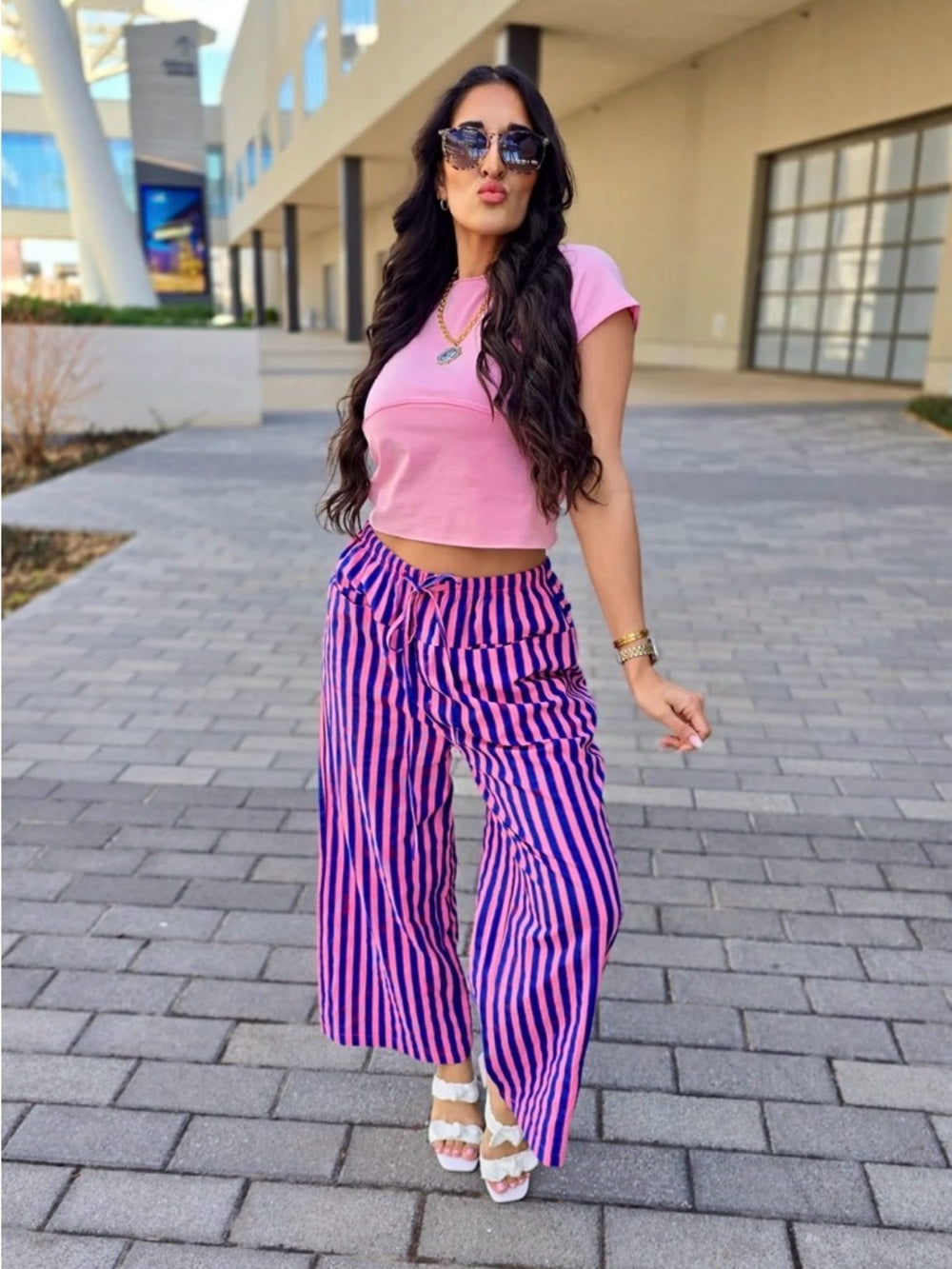 A360. Vertical Striped Pink & Blue Wide-Leg Pants - Women's Casual