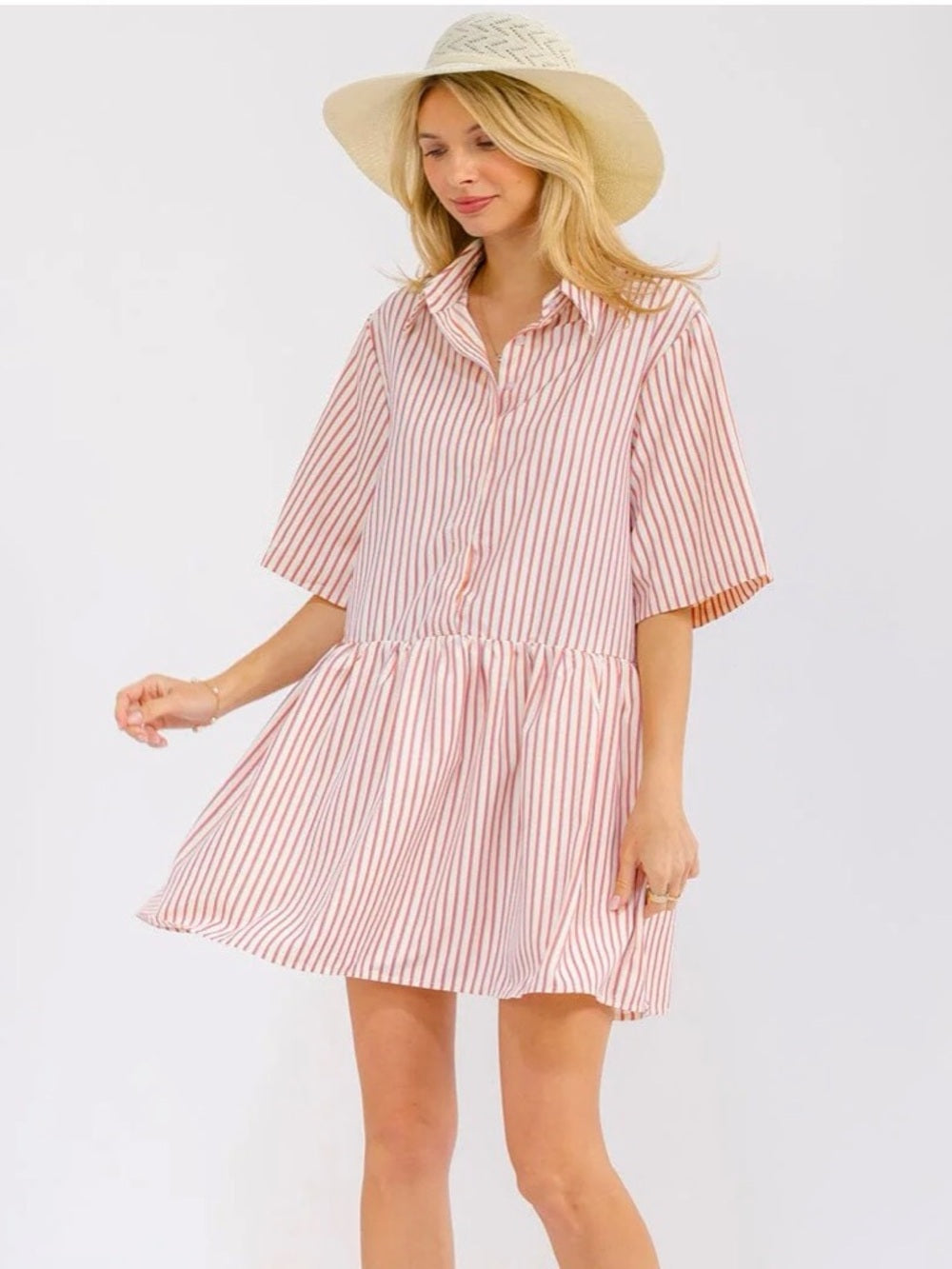 A362. Vertical Striped Pink, Purple and White Button-Front Babydoll Dress