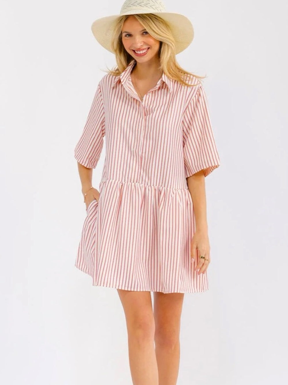 A362. Vertical Striped Pink, Purple and White Button-Front Babydoll Dress