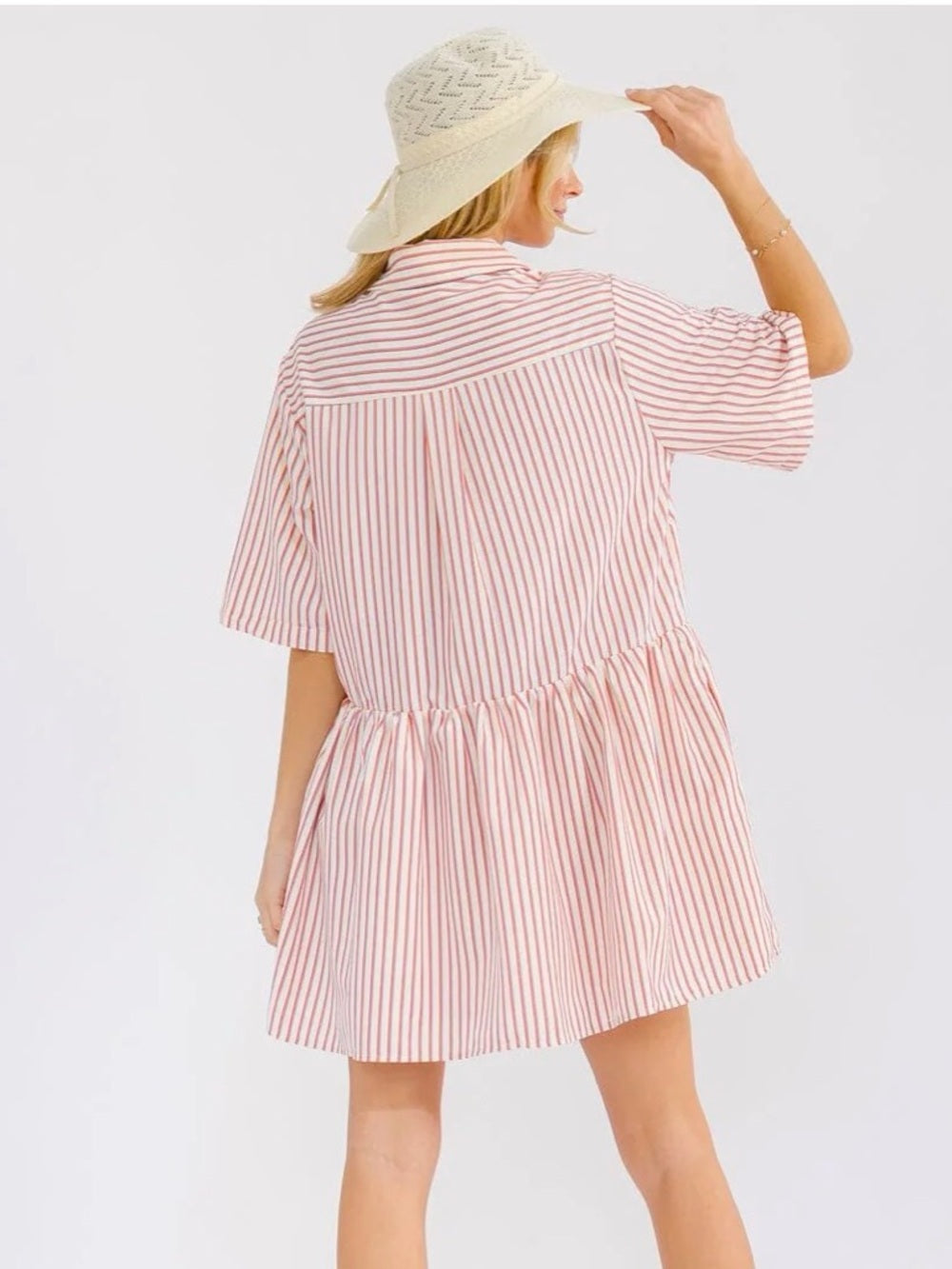 A362. Vertical Striped Pink, Purple and White Button-Front Babydoll Dress