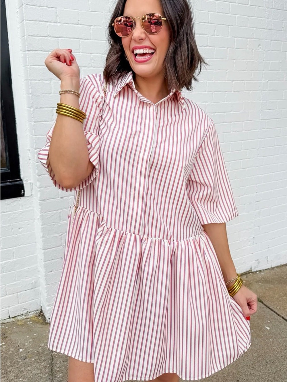 A362. Vertical Striped Pink, Purple and White Button-Front Babydoll Dress