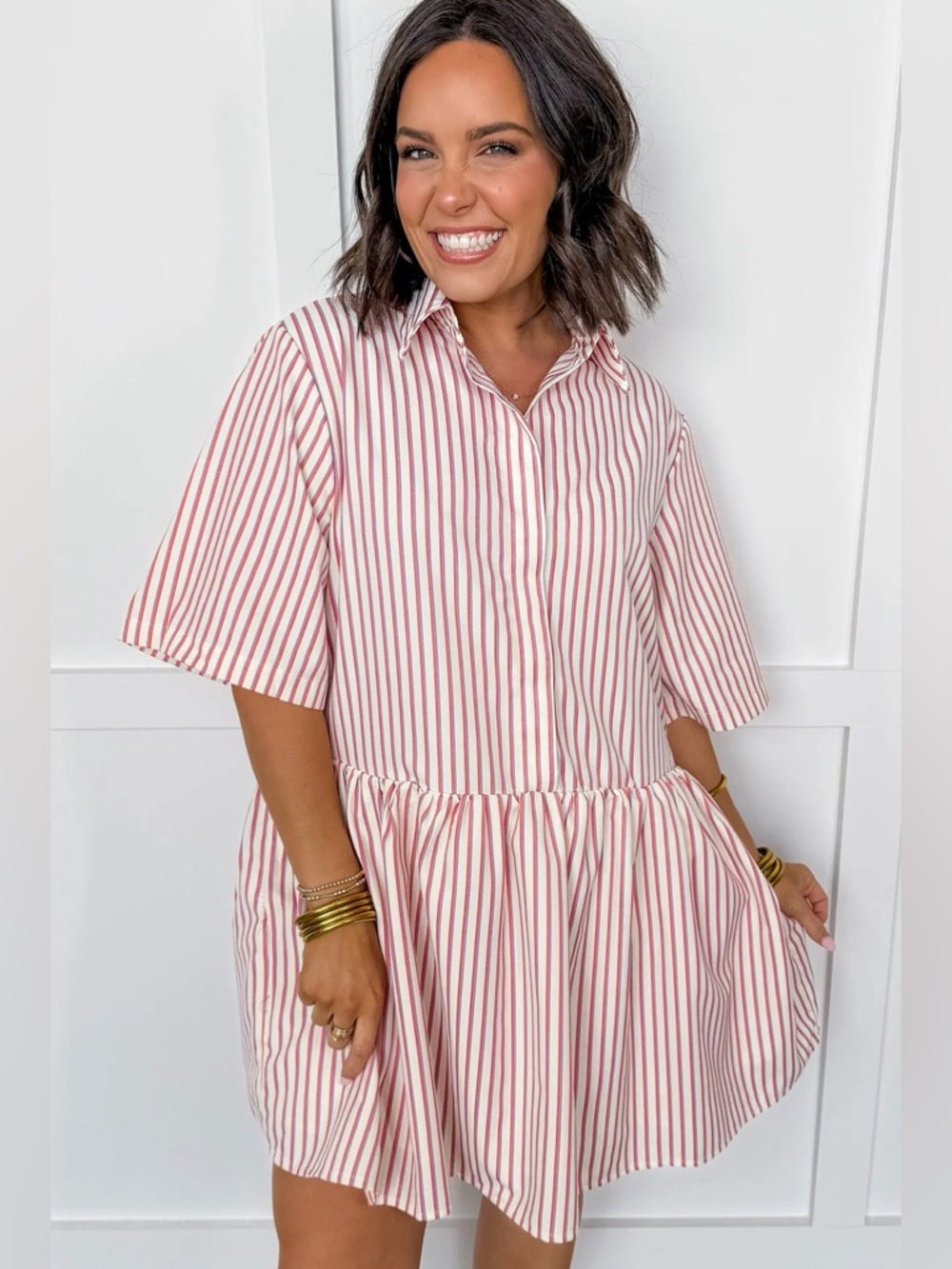 A362. Vertical Striped Pink, Purple and White Button-Front Babydoll Dress