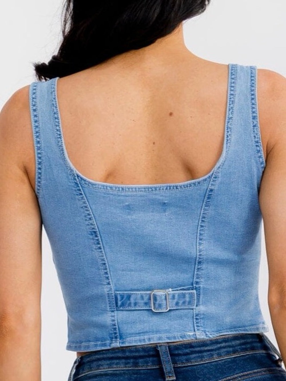 A360. Embroidered Daisy Light Blue Denim Women's Jeans Vest Top