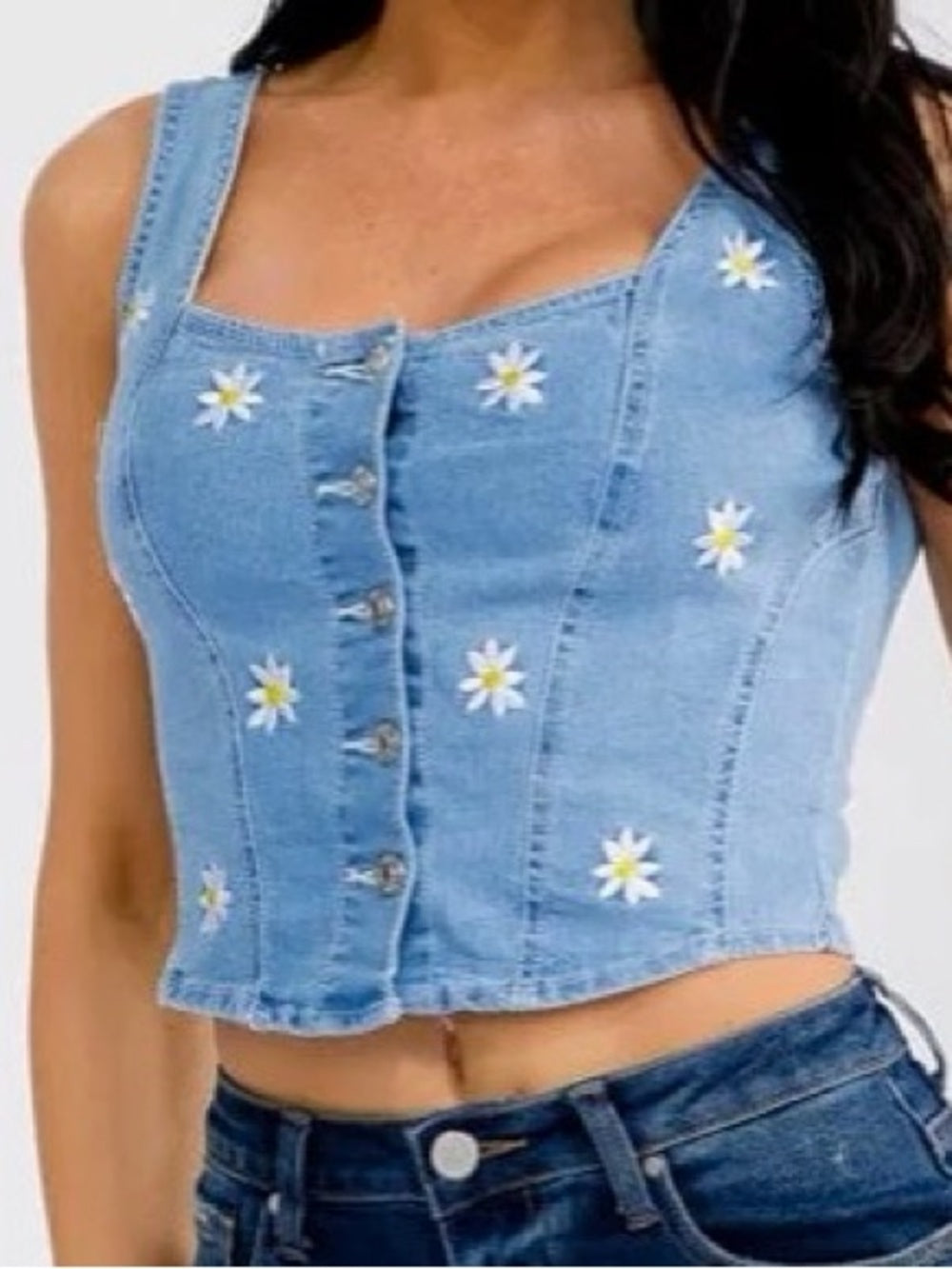 A360. Embroidered Daisy Light Blue Denim Women's Jeans Vest Top