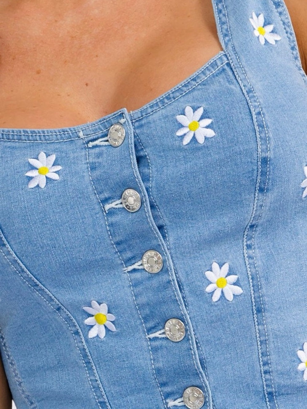 A360. Embroidered Daisy Light Blue Denim Women's Jeans Vest Top